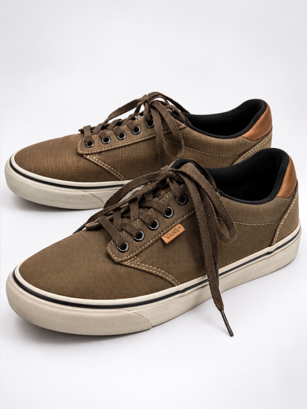 Vans Men 11.5 Atwood Low Top Sneakers Brown Canvas Leather Trim Shoes
